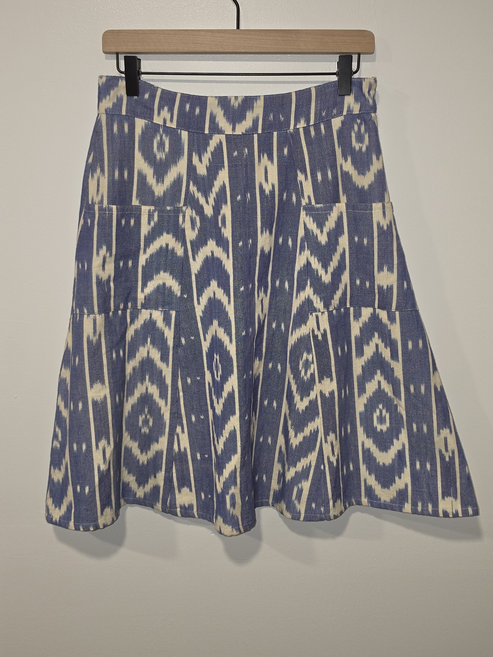 Mata Traders 100% Cotton Blue and Cream Ikat A-Line Skirt With Pockets Size Med